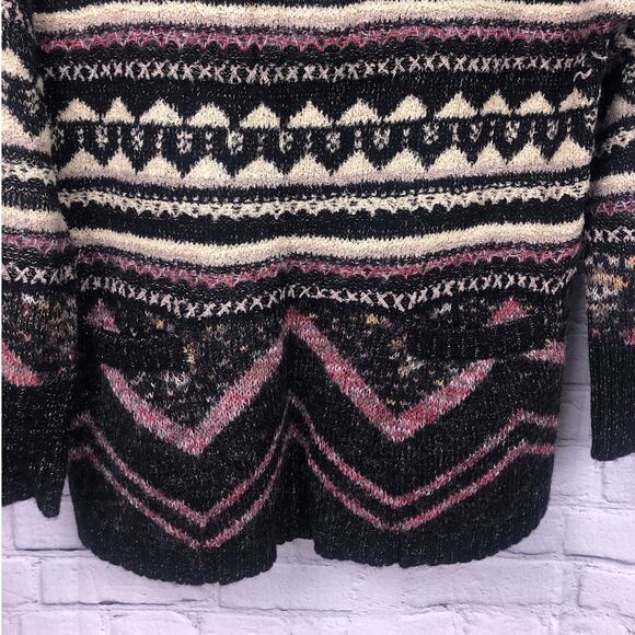 Lucky Brand Cowl Neck Drop Shoulder Geometric Front Pocket Wool Knit Sweater L - Picture 3 of 14